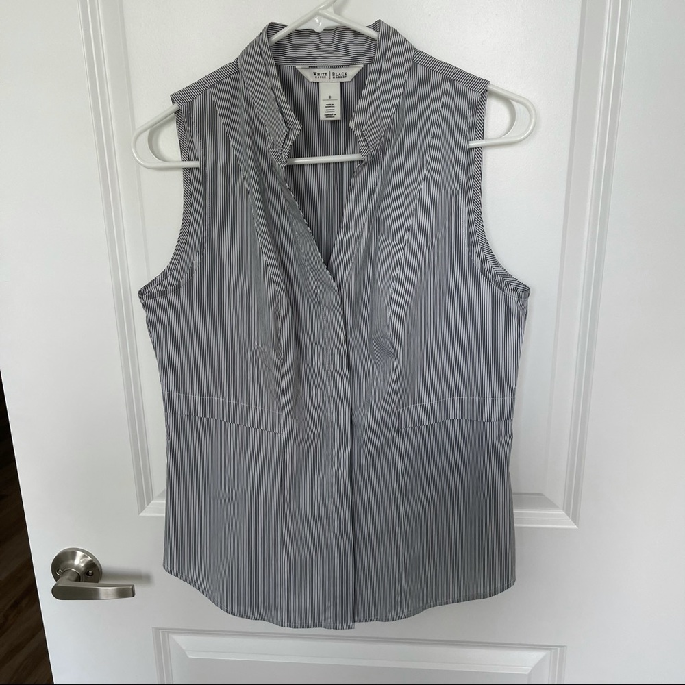 Navy and white striped fitted button up